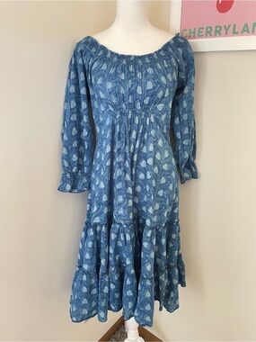 Trade Cloth Blue 100% Cotton Floral Tiered Midi Dress Small
